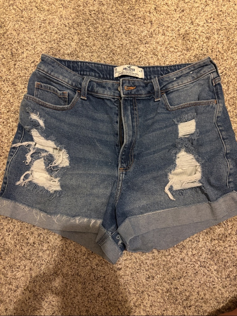 Hollister Distressed Rolled Cuff Denim Shorts - Medium Blue